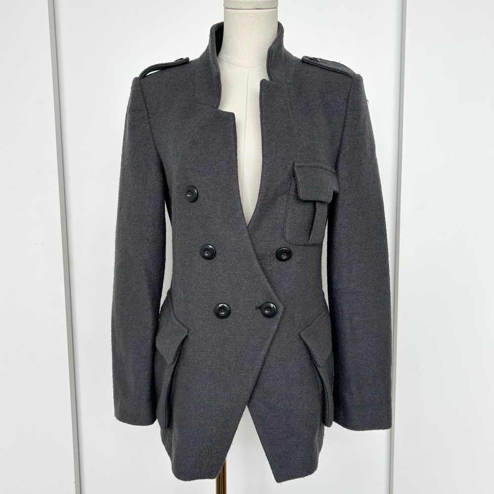 Grey Wool Blend Asymmetric Button Structured Tailored Blazer Coat